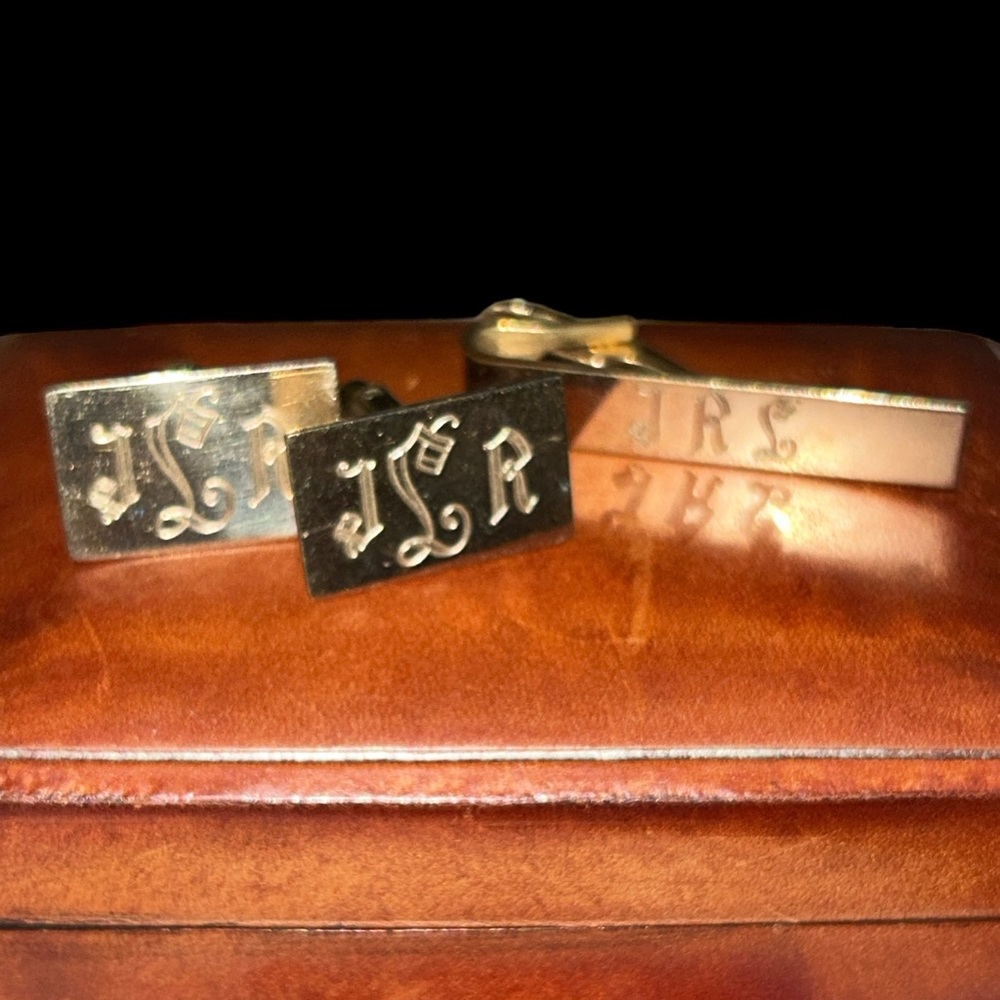 Vintage Monogramed Gold Tone Cuff Links and Tie Clip